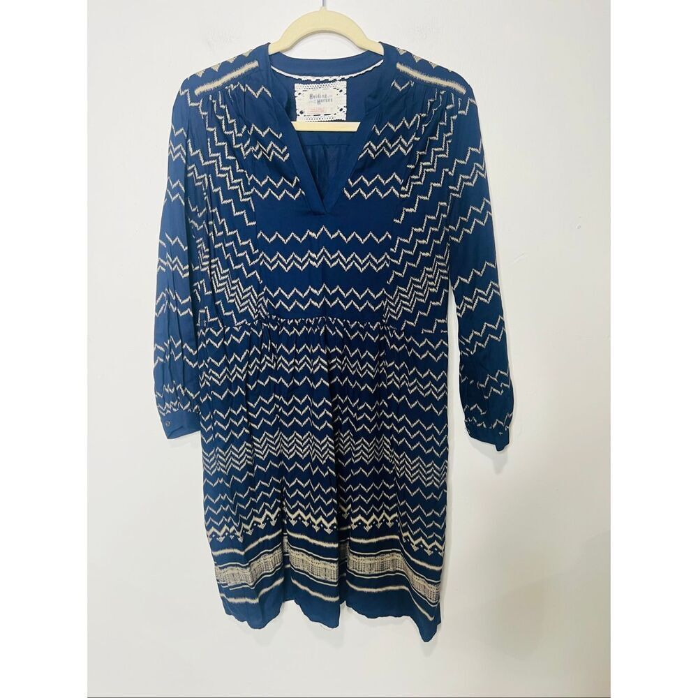 Holding Horses Anthropologie Farica Chevron Print Dress Navy Tan Print 100% Rayo